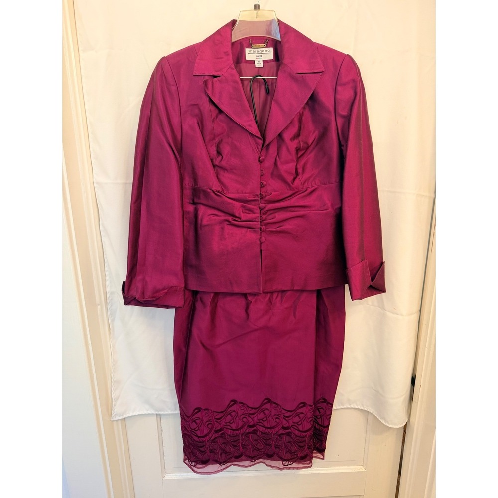 VTG Sharagano Magenta Silk Blend Skirt Suit Set Ruched Blazer Lace Hem 10
